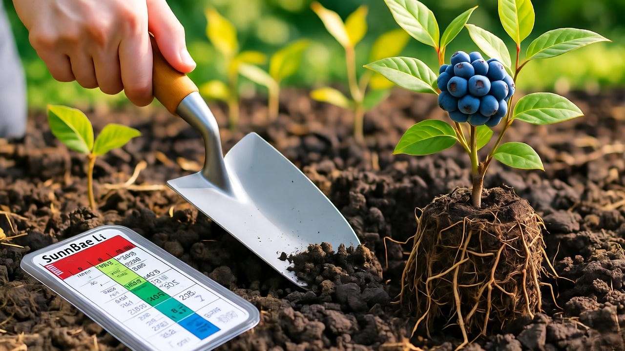 Gardener preparing acidic soil for planting a Blueberry Sunshine Blue plant with pH kit and bare-root plant in a sunny garden."