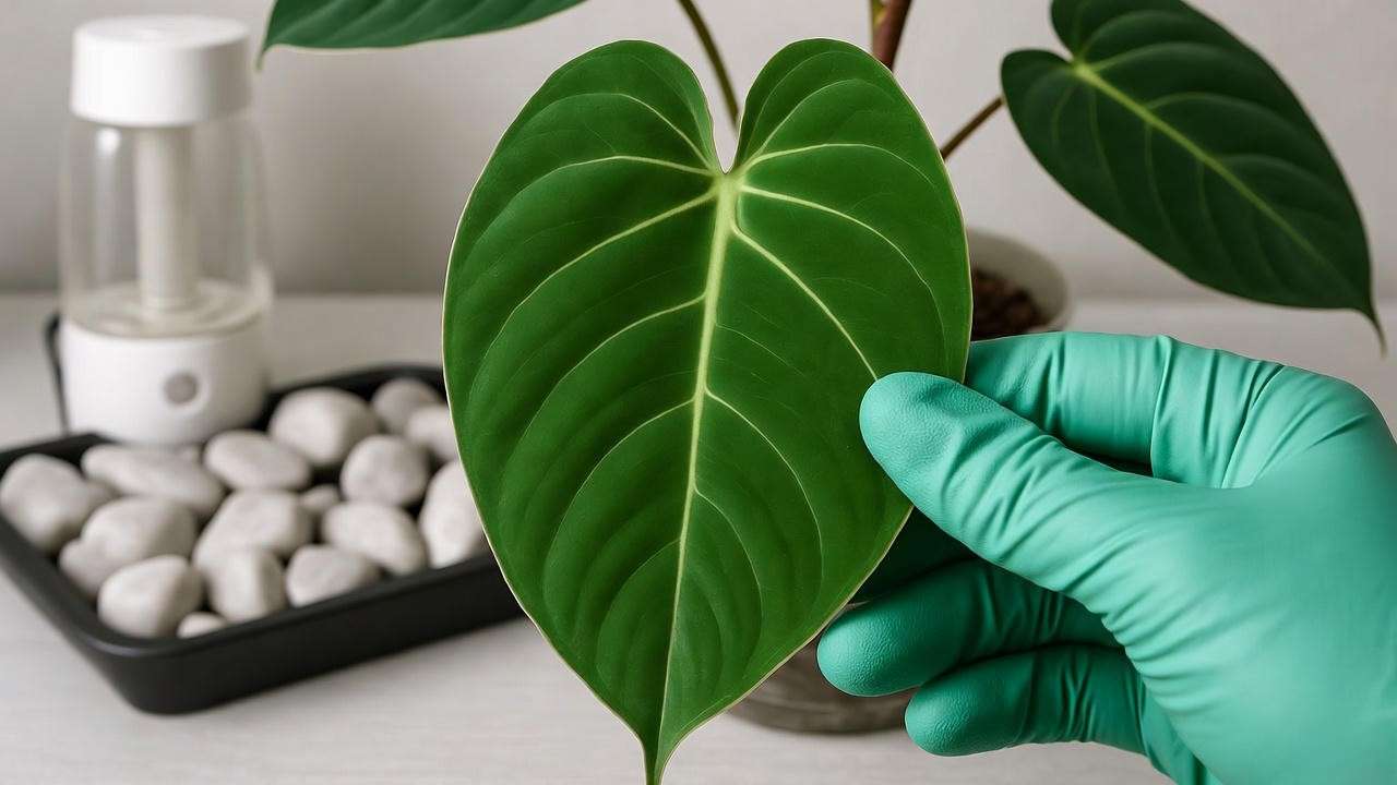 Hand inspecting aroid plant leaf for pests with humidifier in background."