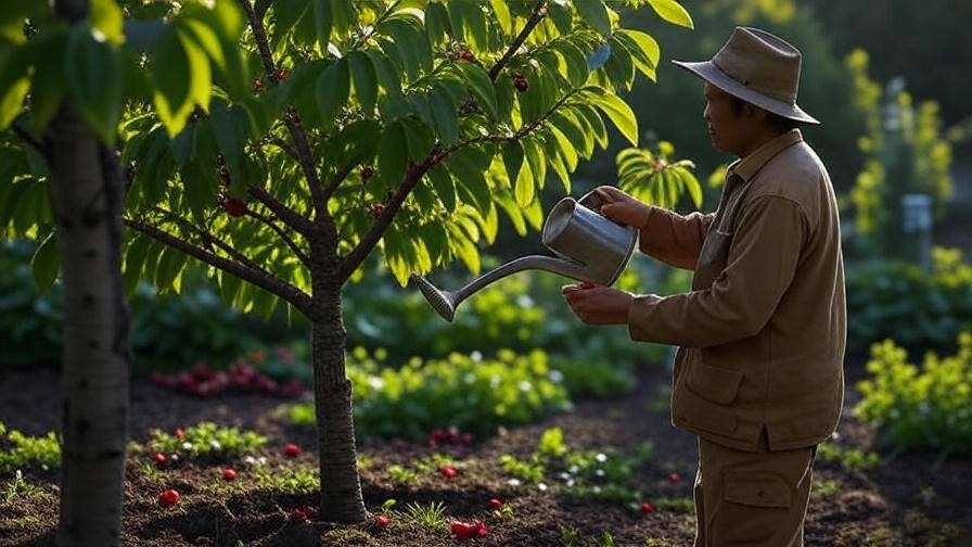 Cherry tree with fallen cherries on the ground and a gardener inspecting it under sunlight".
