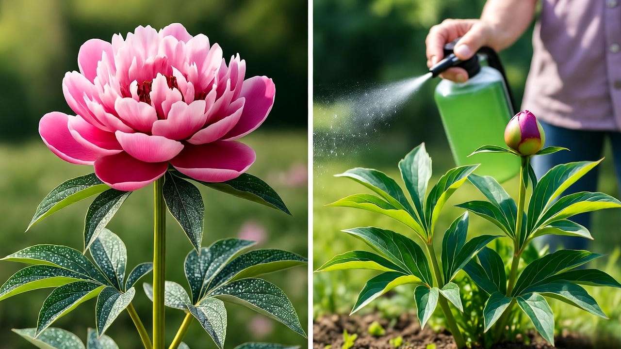"Gardener treating peony plant for powdery mildew in garden."