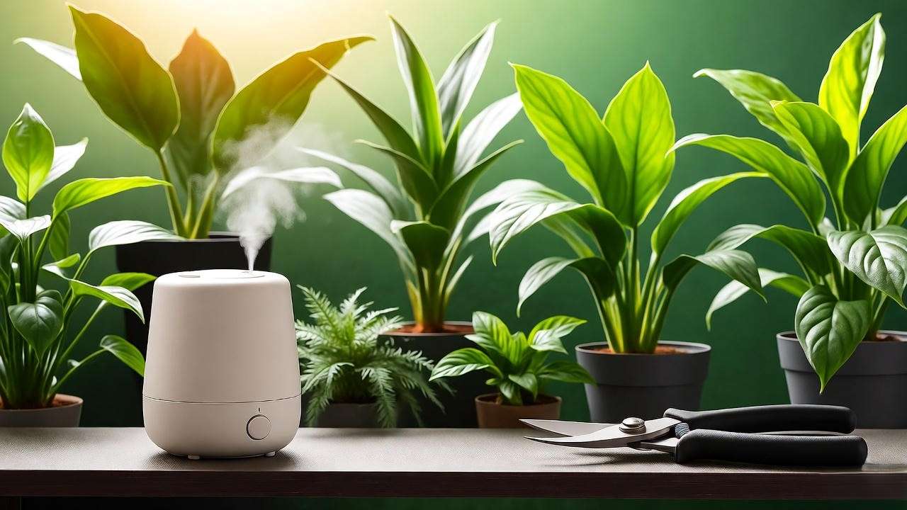 Healthy houseplants with humidifier and pruning shear in cozy indoor space."