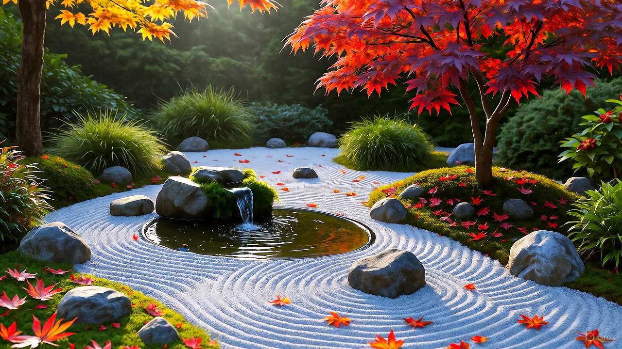 Zen garden with water feature, raked gravel, and Japanese maple