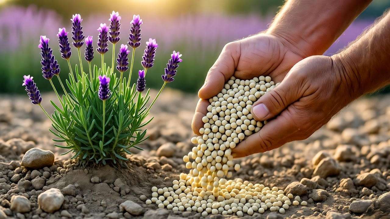 Provence farmer applying sheep wool pellets as organic lavender fertilizer