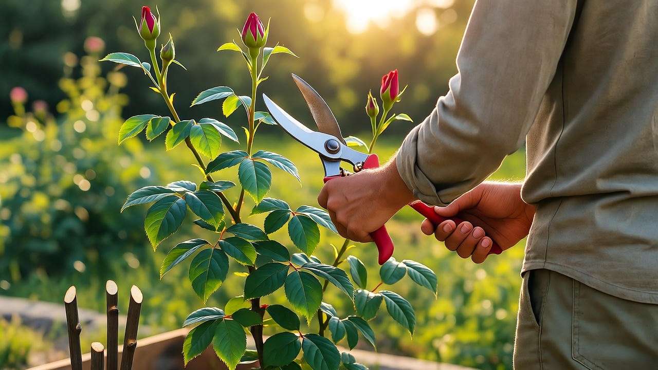 Gardener pruning a rose bush to improve air circulation and prevent disease