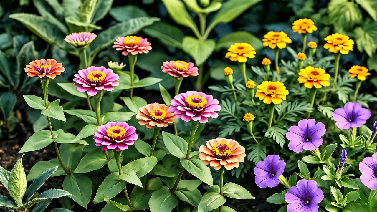 Garden bed comparing Profusion Zinnias, marigolds, and petunias".
