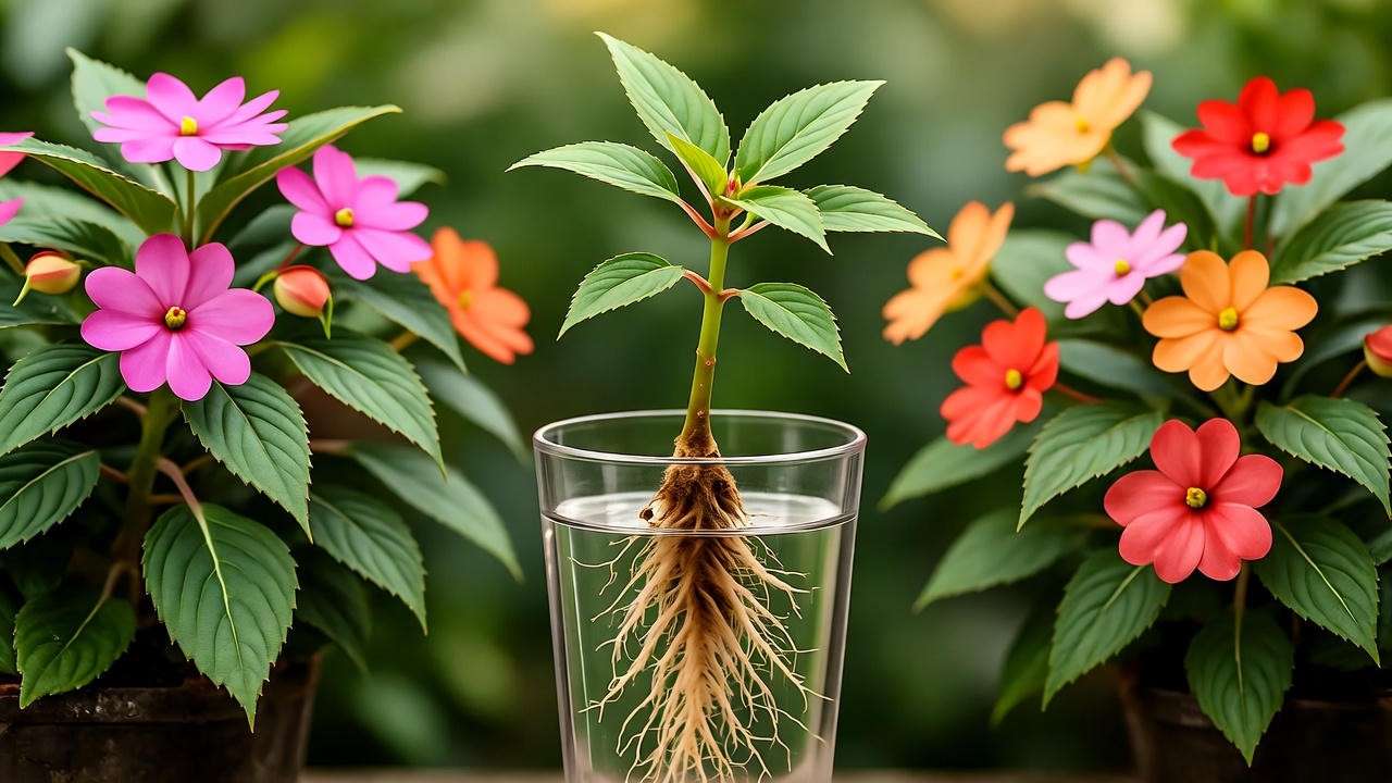 Double impatiens cutting rooting in water with parent plants in a garden.