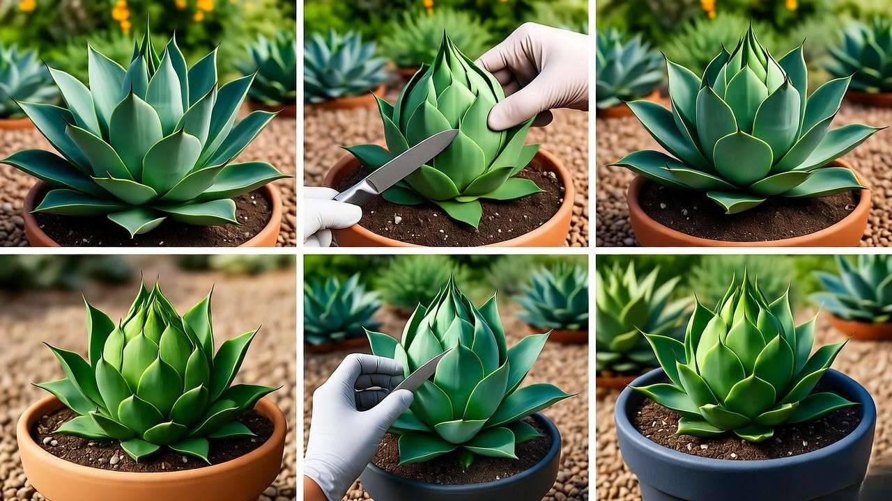 Step-by-step guide of separating and potting an artichoke agave pup in a sunny garden.