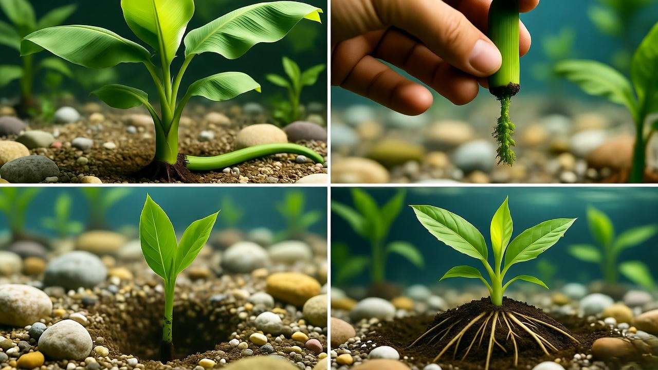 Step-by-step banana plant propagation in aquarium".