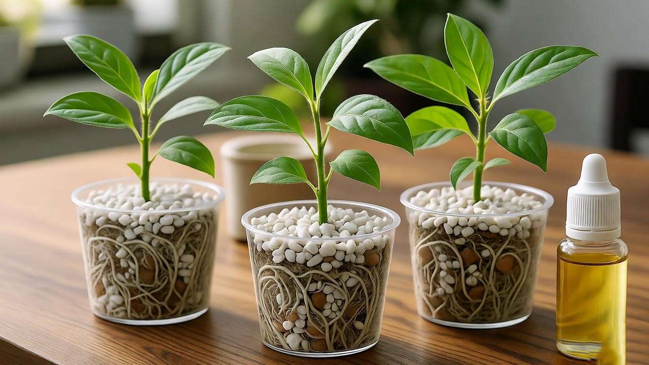 Propagation setup with Calliandra powder puff plant stem cuttings in pots with perlite-soil mix.