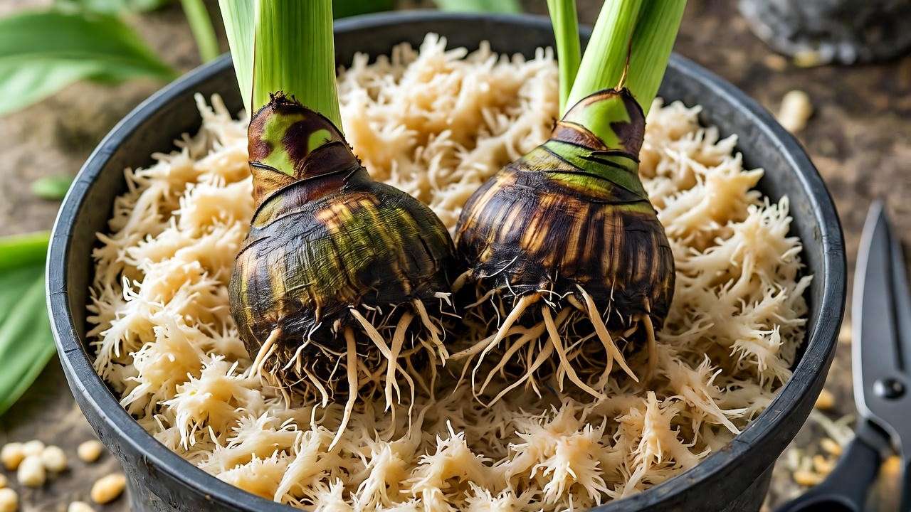 Divided cobra lily rhizome repotted in sphagnum moss and perlite mix with sterilized scissors.