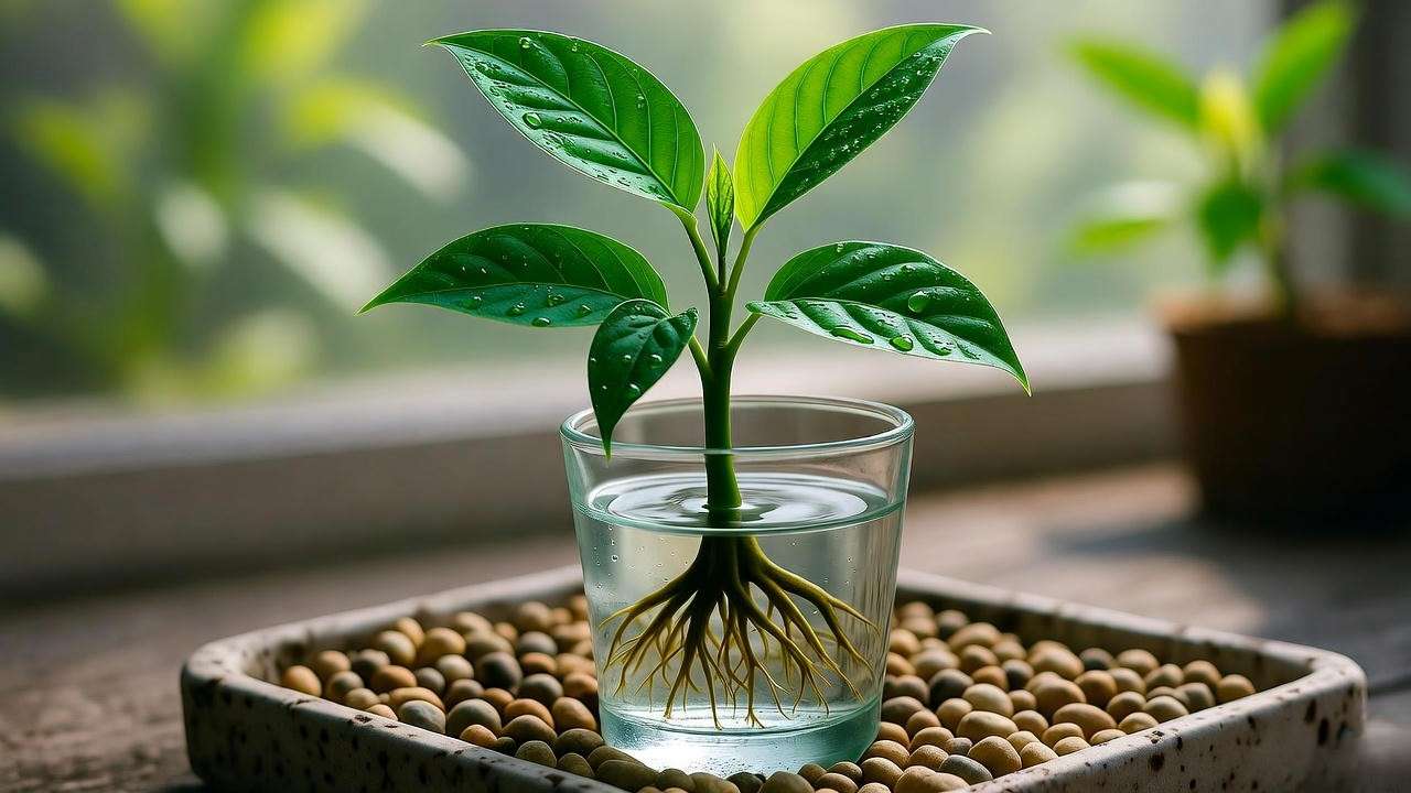 Fabian Aralia stem cutting with roots in water on a pebble tray"