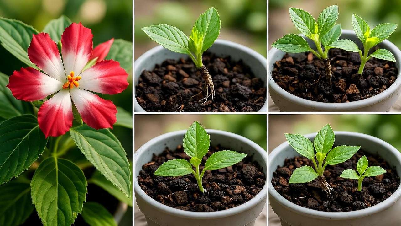 Step-by-step propagation of Hot Lips plant with stem cuttings and new growth."