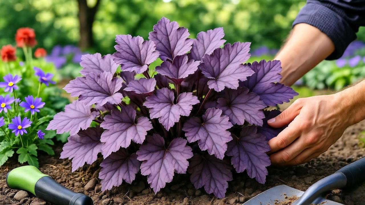 Gardener dividing Palace Purple Heuchera plant for propagation".