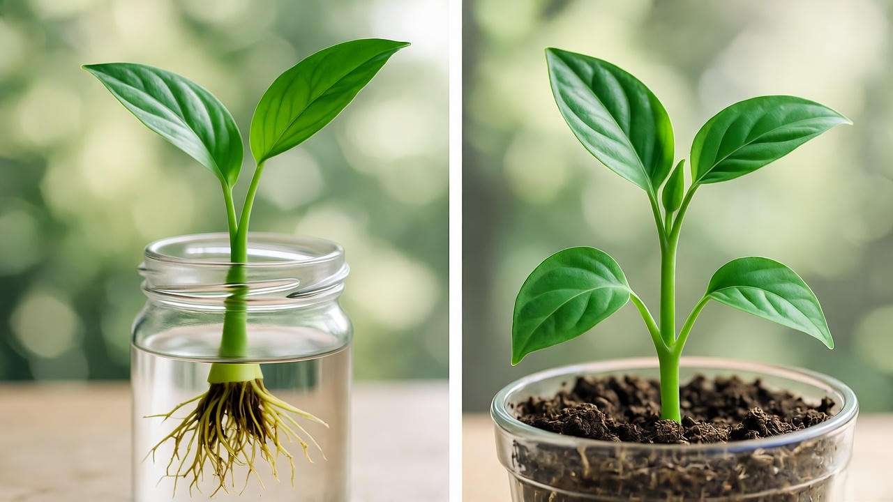 Step-by-step propagation of a Janet Craig plant with stem cutting and roots".