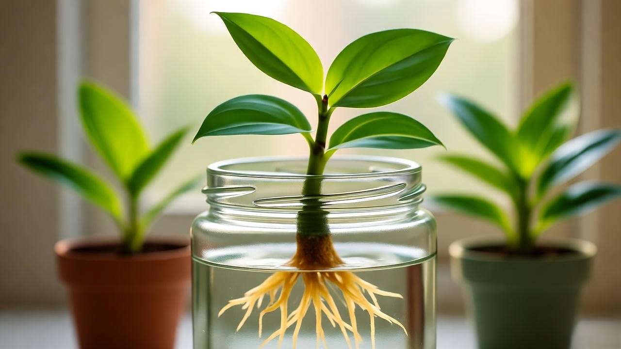 Octopus plant propagation with cutting rooting in water on a windowsill."