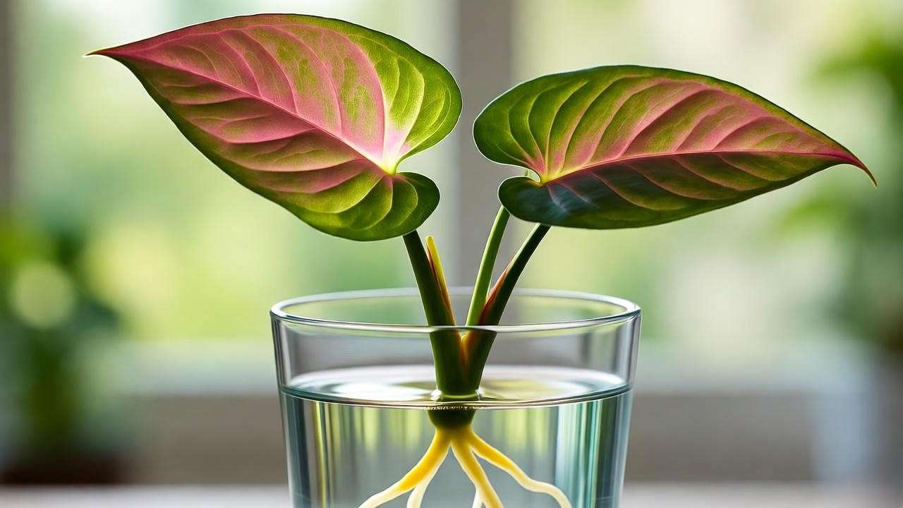 Step-by-step propagation of Pink Panther Plant stem cutting in water with forming roots".