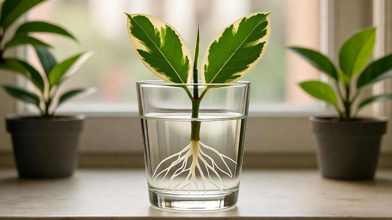 Variegated rubber plant stem cutting rooting in water on a sunny windowsill."