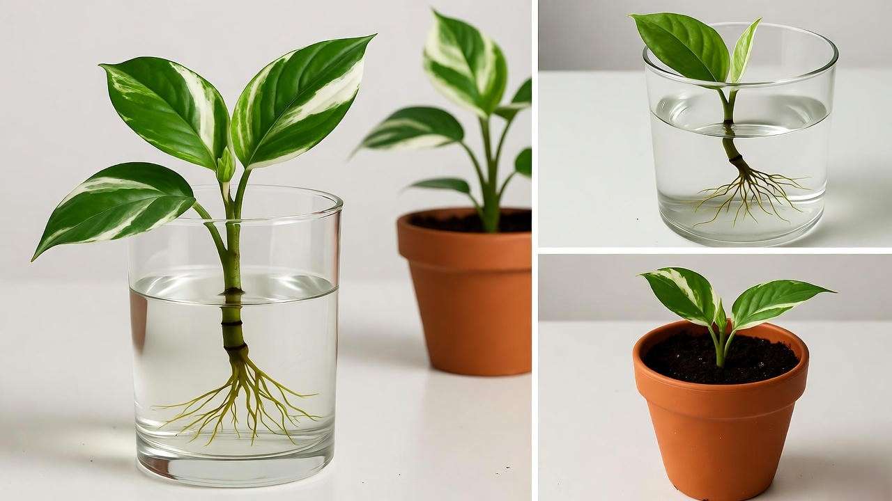 Step-by-step propagation of a white princess plant stem cutting in water with roots.
