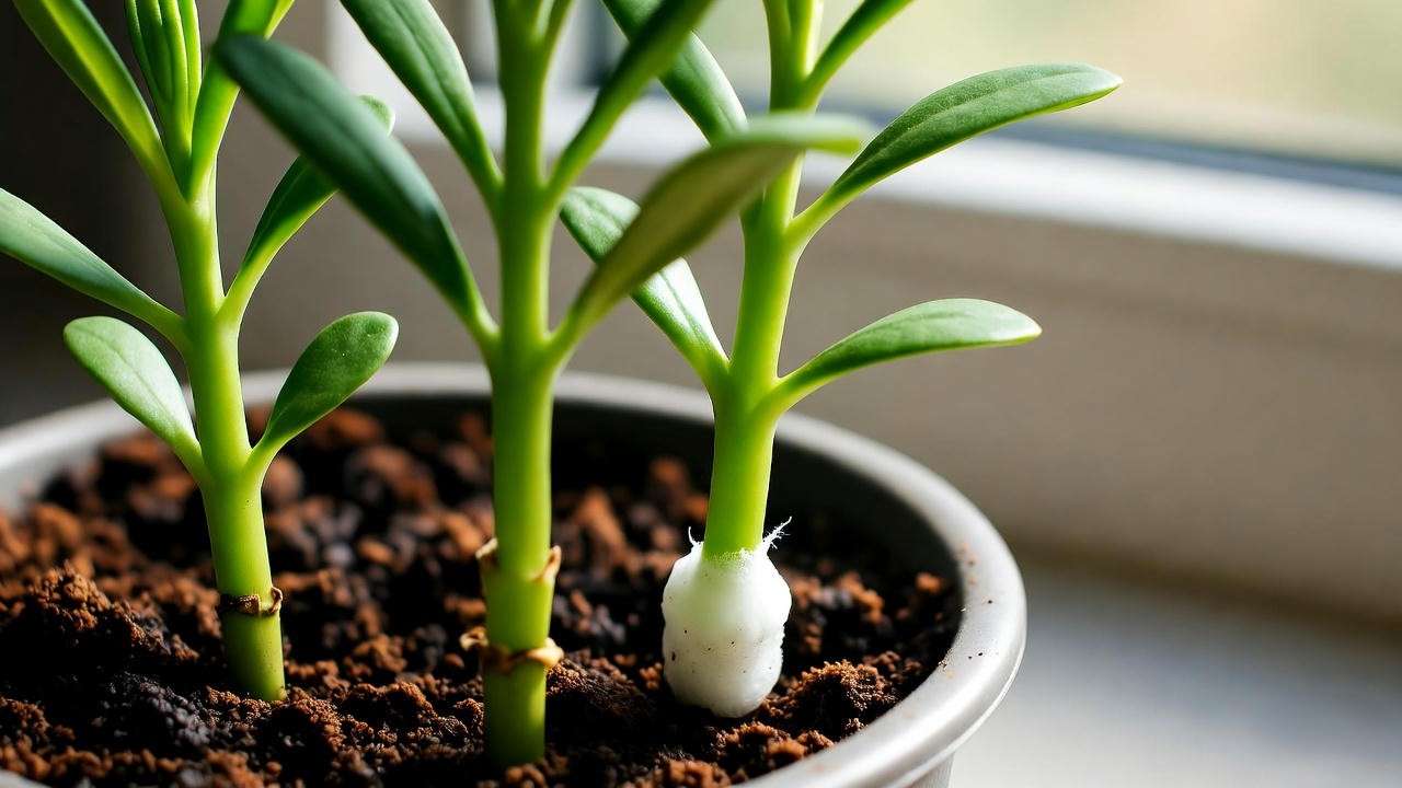 Dragon’s Breath plant stem cuttings in a pot with rooting hormone near a sunny window."