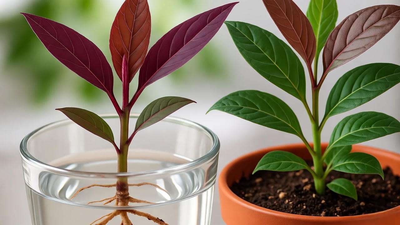 Step-by-step propagation of a Red Sister Plant with stem cutting and potted plant.