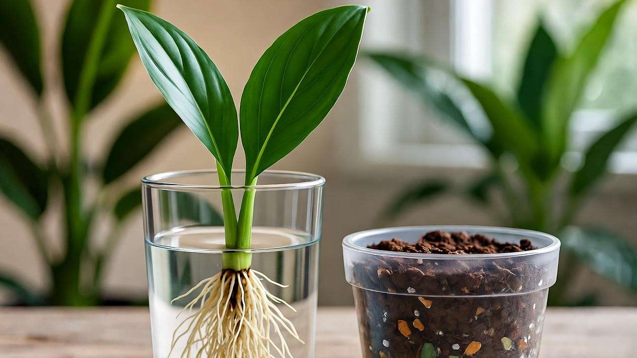 Dragon tail plant cutting rooting in water with pot for transplanting."