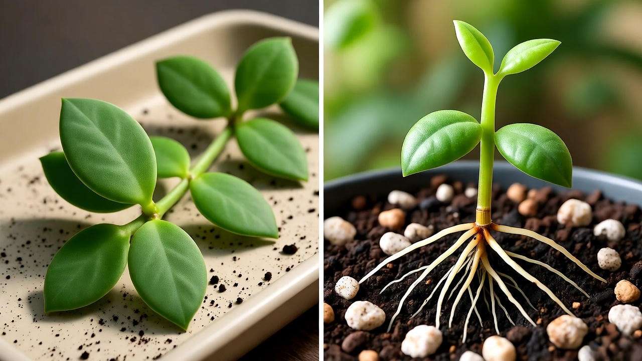 Step-by-step propagation of string of dolphins plant with stem cutting and rooting in soil".