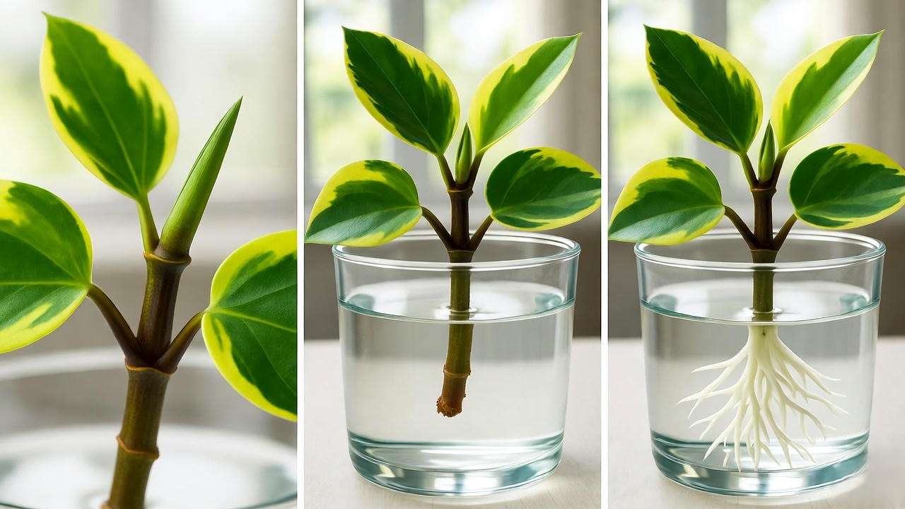 Ring of Fire plant stem cutting propagating in water with roots forming."