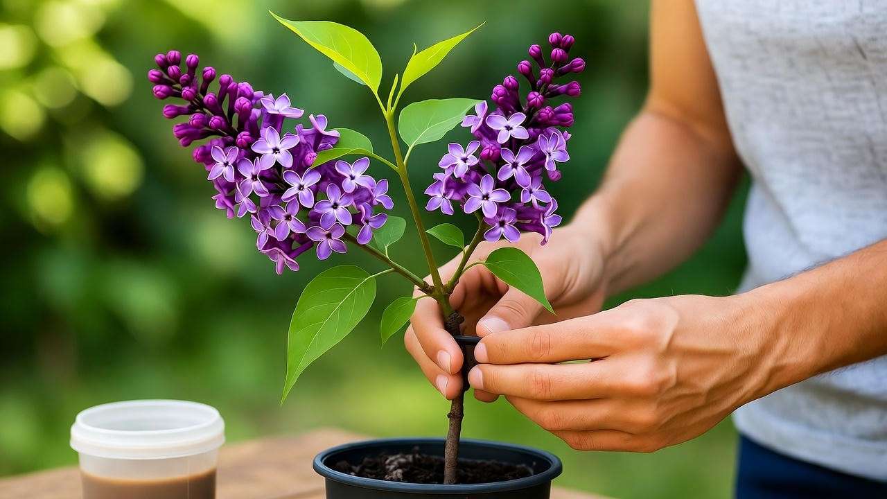 Gardener taking a softwood cutting from a Persian lilac with pot and rooting hormone.