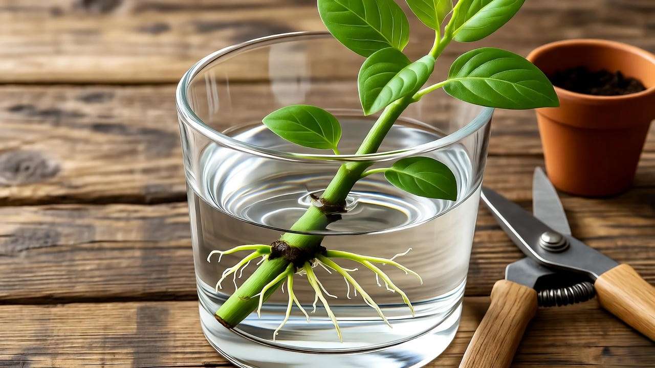 Propagating moneywort plant stem cutting with roots in water on a wooden table with tools."