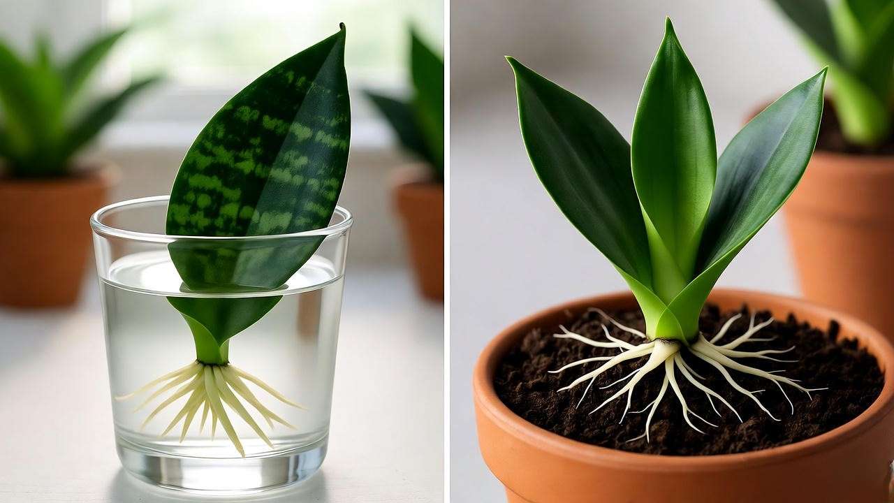 Step-by-step propagation of black coral snake plant with leaf cutting and division."