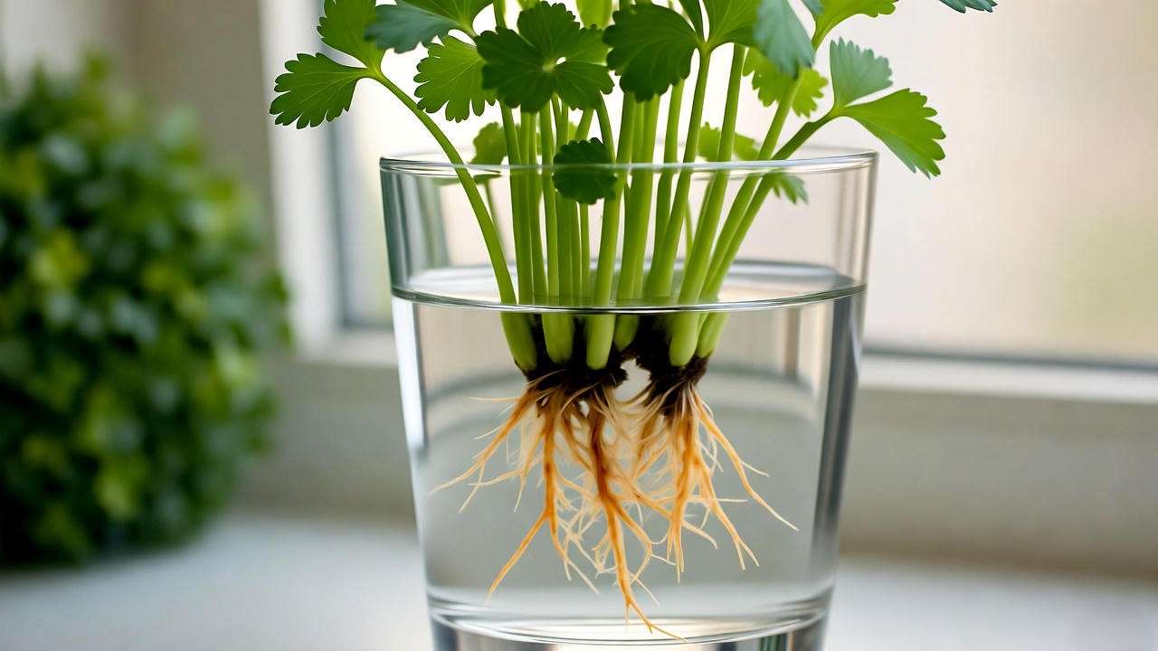 Step-by-step propagation of Vietnamese cilantro stem cuttings in water on a sunny windowsill"