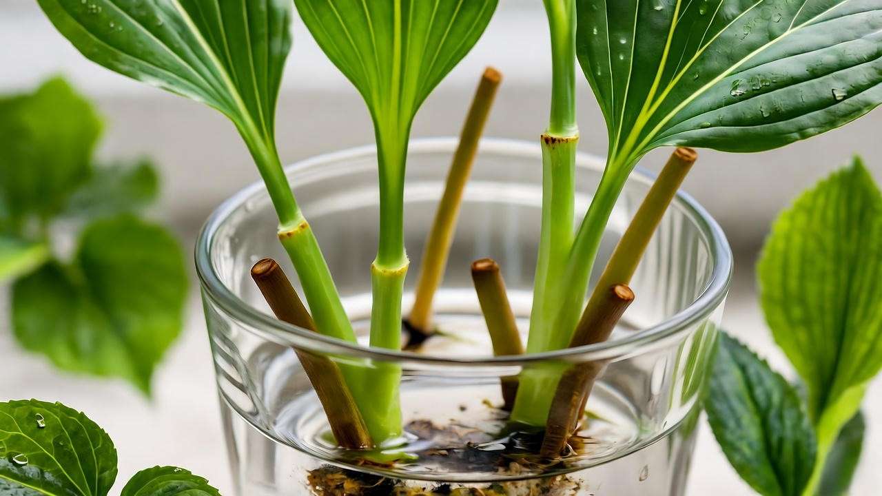 Dragon’s Tongue plant stem cuttings rooting in water with a humid indoor background."