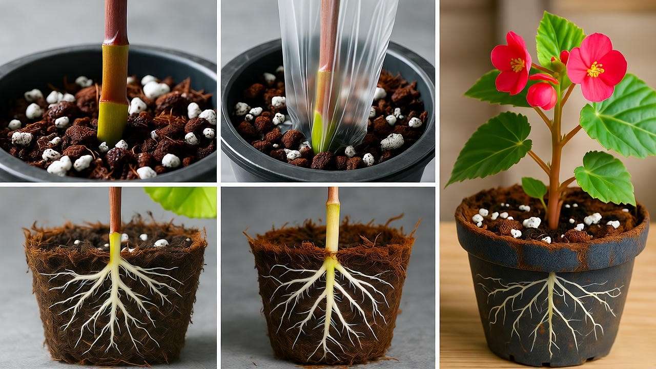 Rieger begonia stem cutting propagating in peat-perlite mix with roots forming."