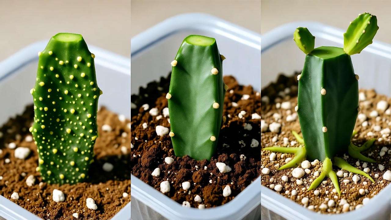 "Step-by-step pencil cactus propagation with stem cutting and rooting process."