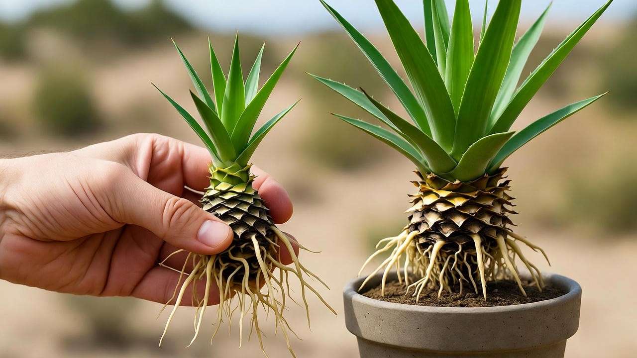 Yucca pup propagation with roots in sandy soil outdoors."