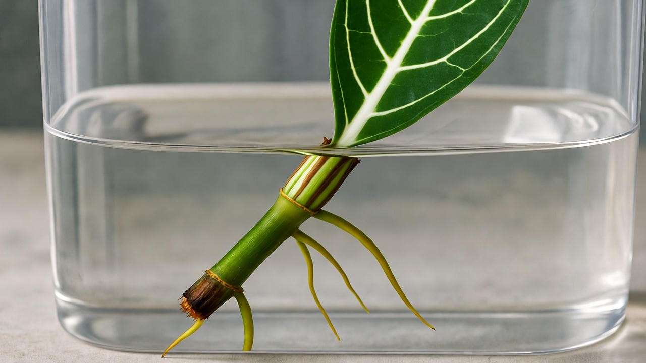 Nerve plant propagation with stem cutting in water showing emerging roots indoors".