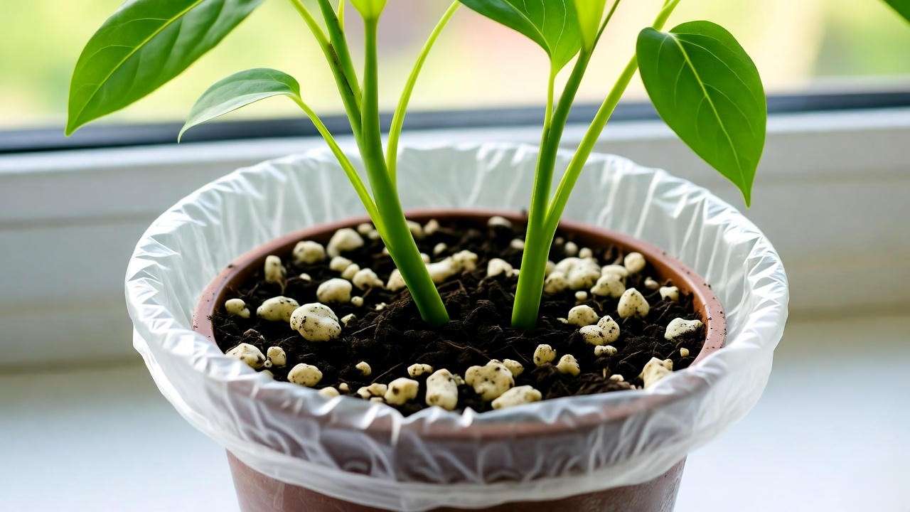 Swallowtail plant stem cuttings in a propagation setup with peat-perlite mix on a bright windowsill.