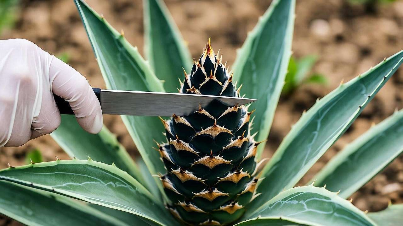 : 'Gloved hand separating a black agave pup from the mother plant for propagation.'