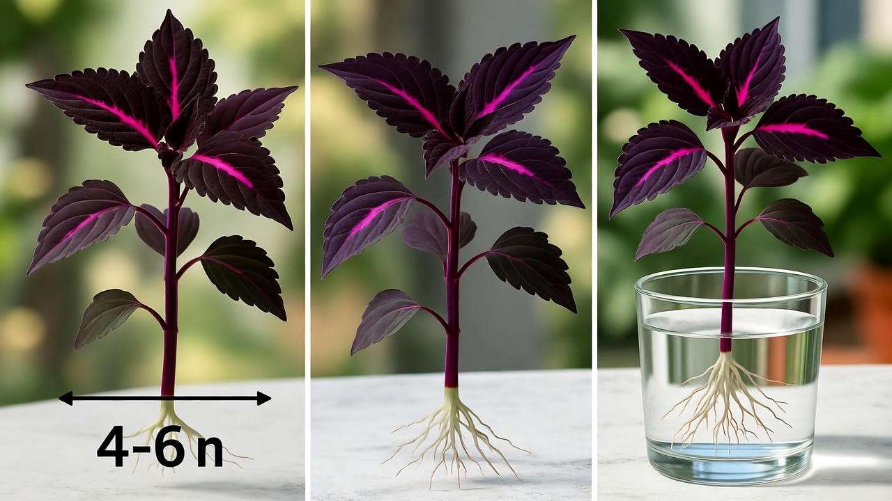 Coleus Black Dragon stem cutting in water with emerging roots for propagation."