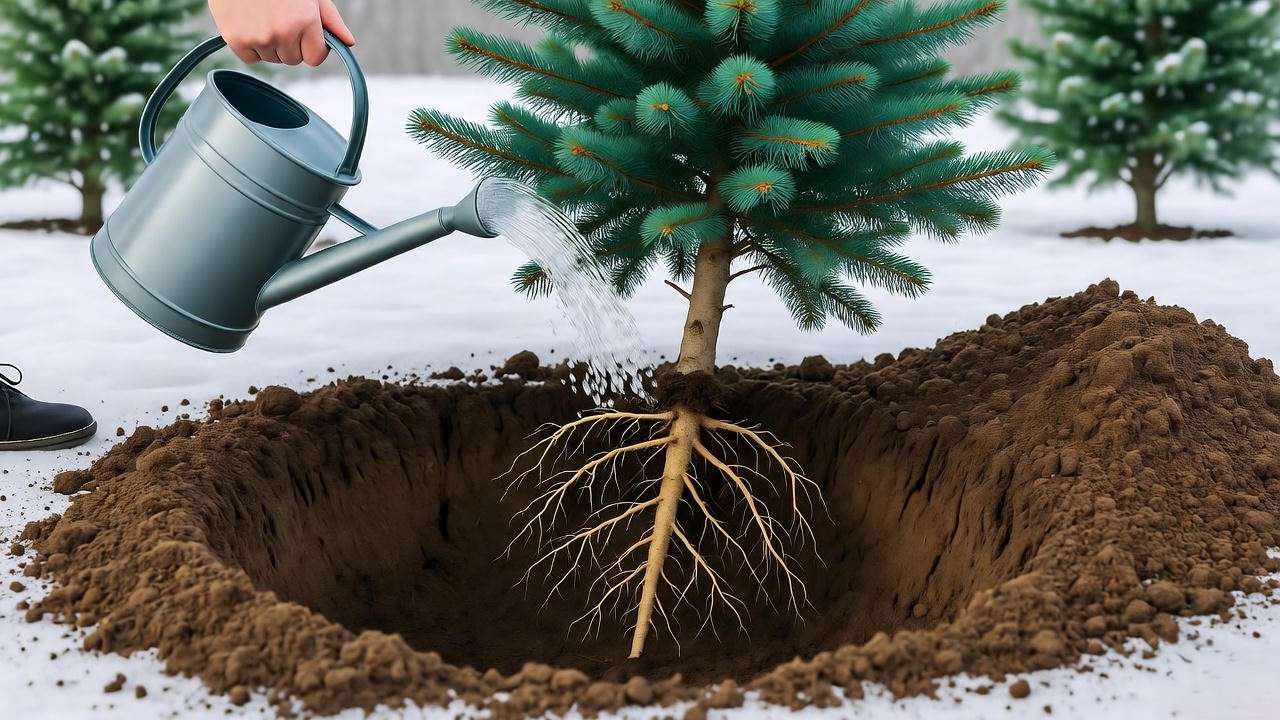"Step-by-step planting of Colorado Blue Spruce in snowy garden."