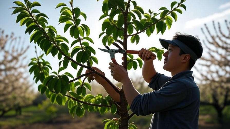 "Gardener pruning a young cherry tree with proper cuts in sunny orchard".

