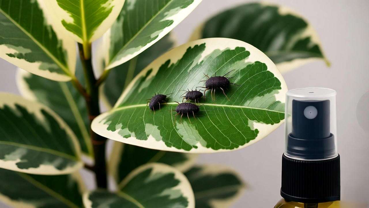 Treating spider mites on a variegated ficus plant with neem oil spray".