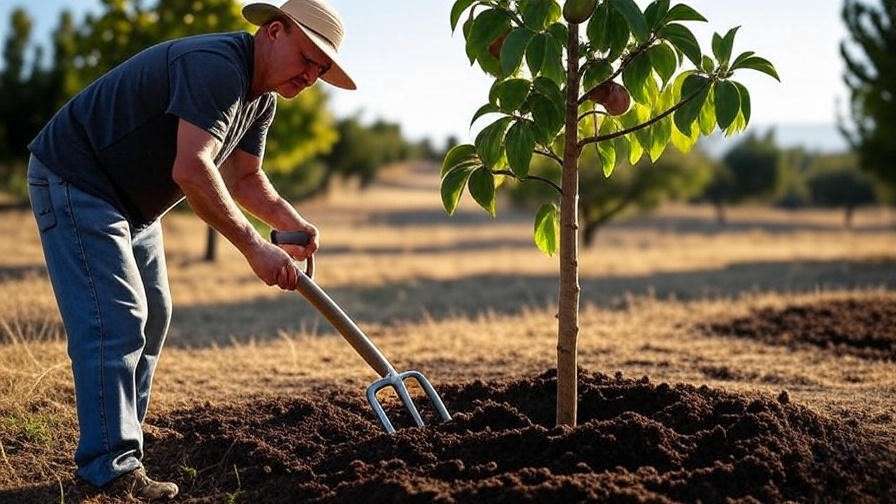 Gardener aerating soil around cherry tree for drought protection.