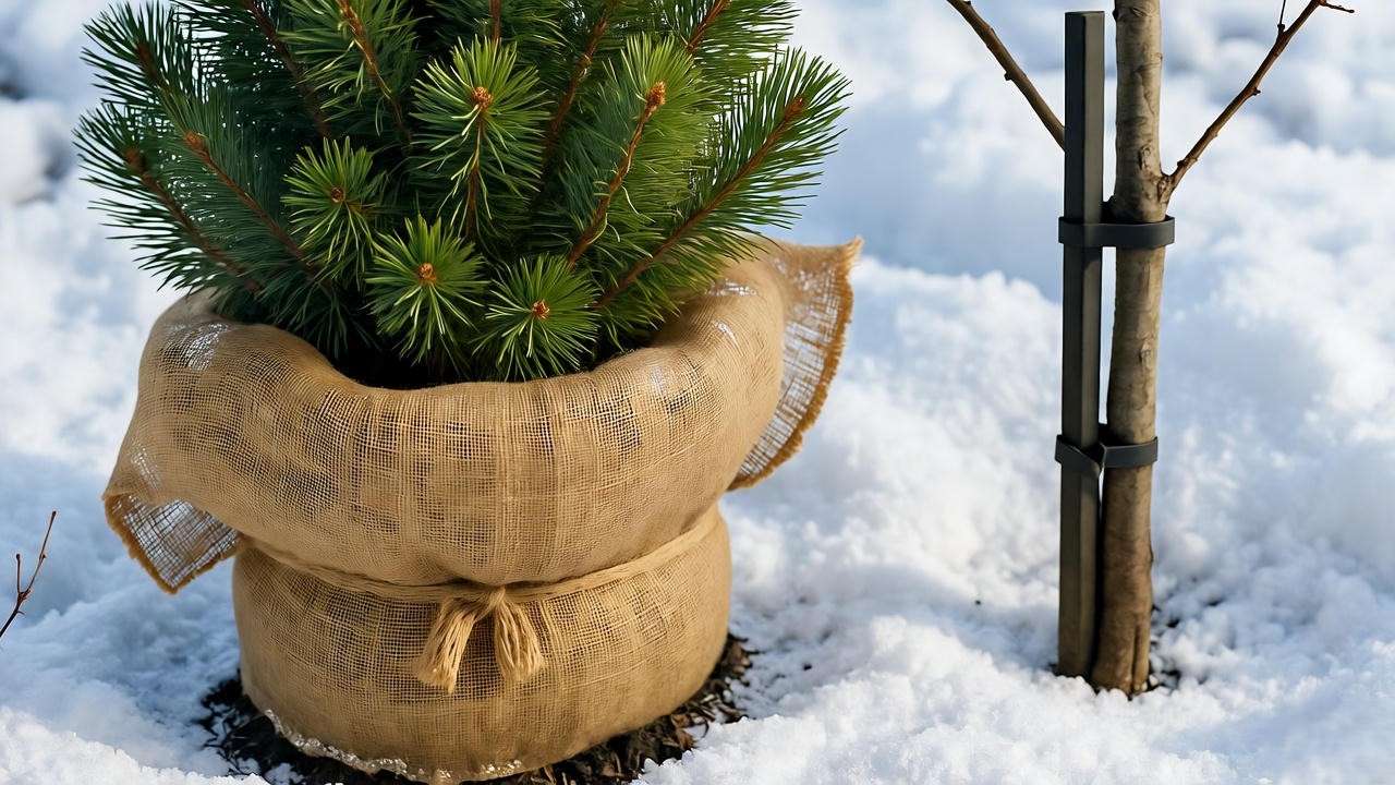 Winter garden with burlap-wrapped shrub and staked tree in snow."