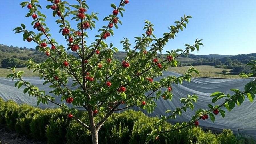 Cherry tree protected by windbreak and shade cloth to prevent fruit drop."
