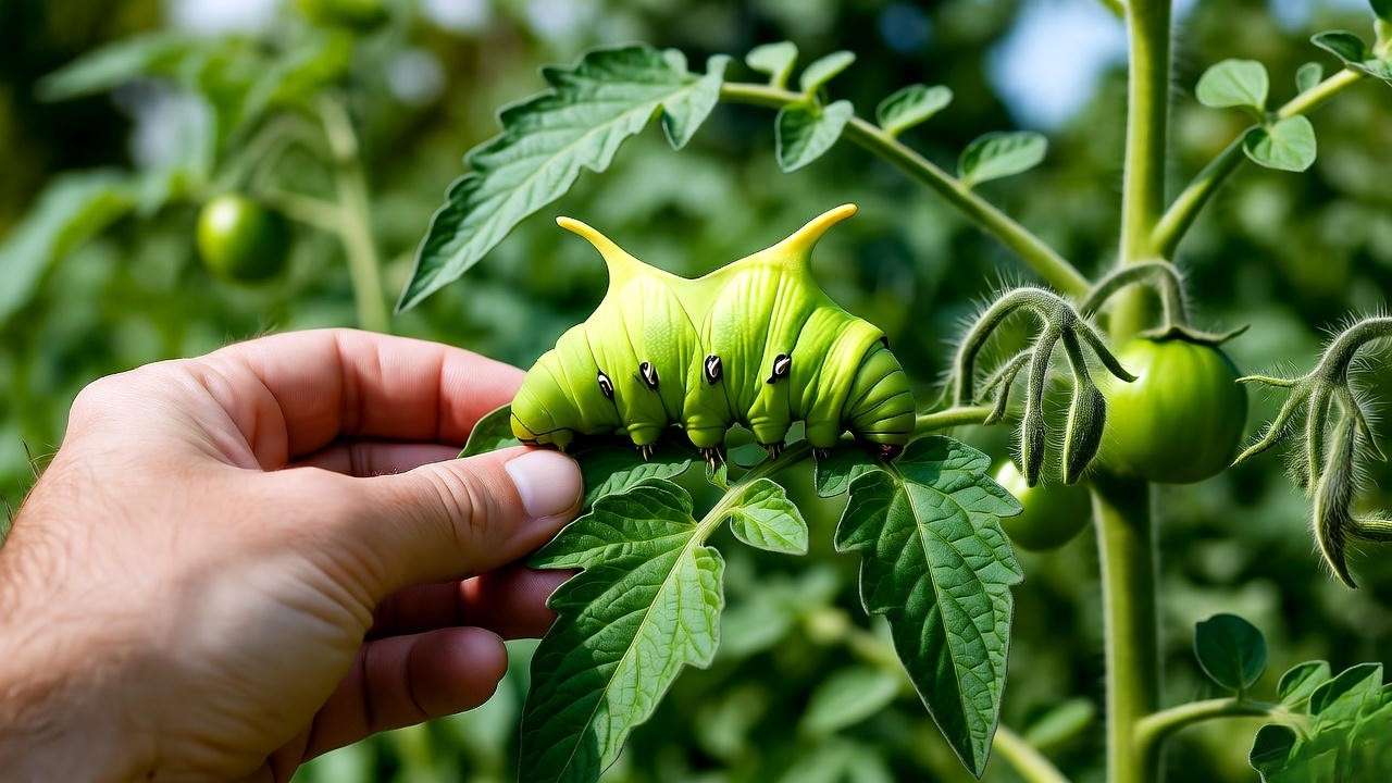 "Hand removing a tomato hornworm from heirloom tomato plants