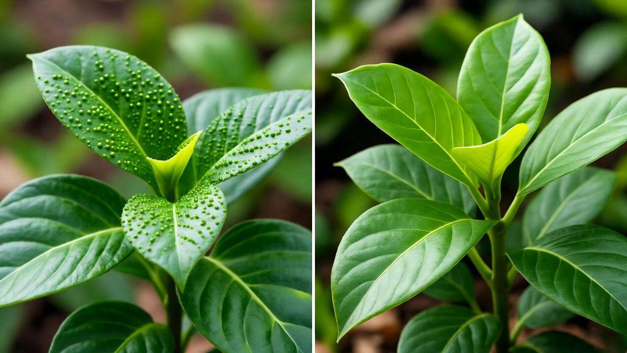 Lilly pilly plant with psyllid damage next to a healthy plant in a garden."