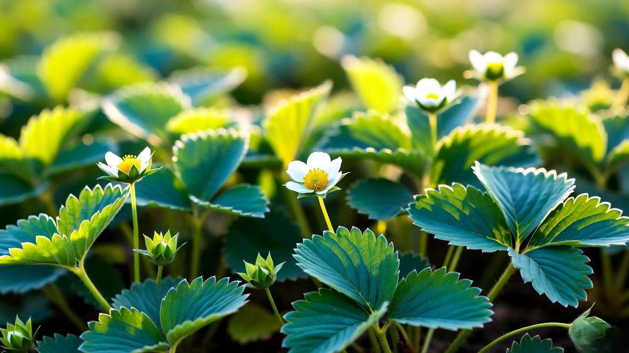 "Seascape strawberry plants with aphids and natural pest control using neem oil or marigolds."