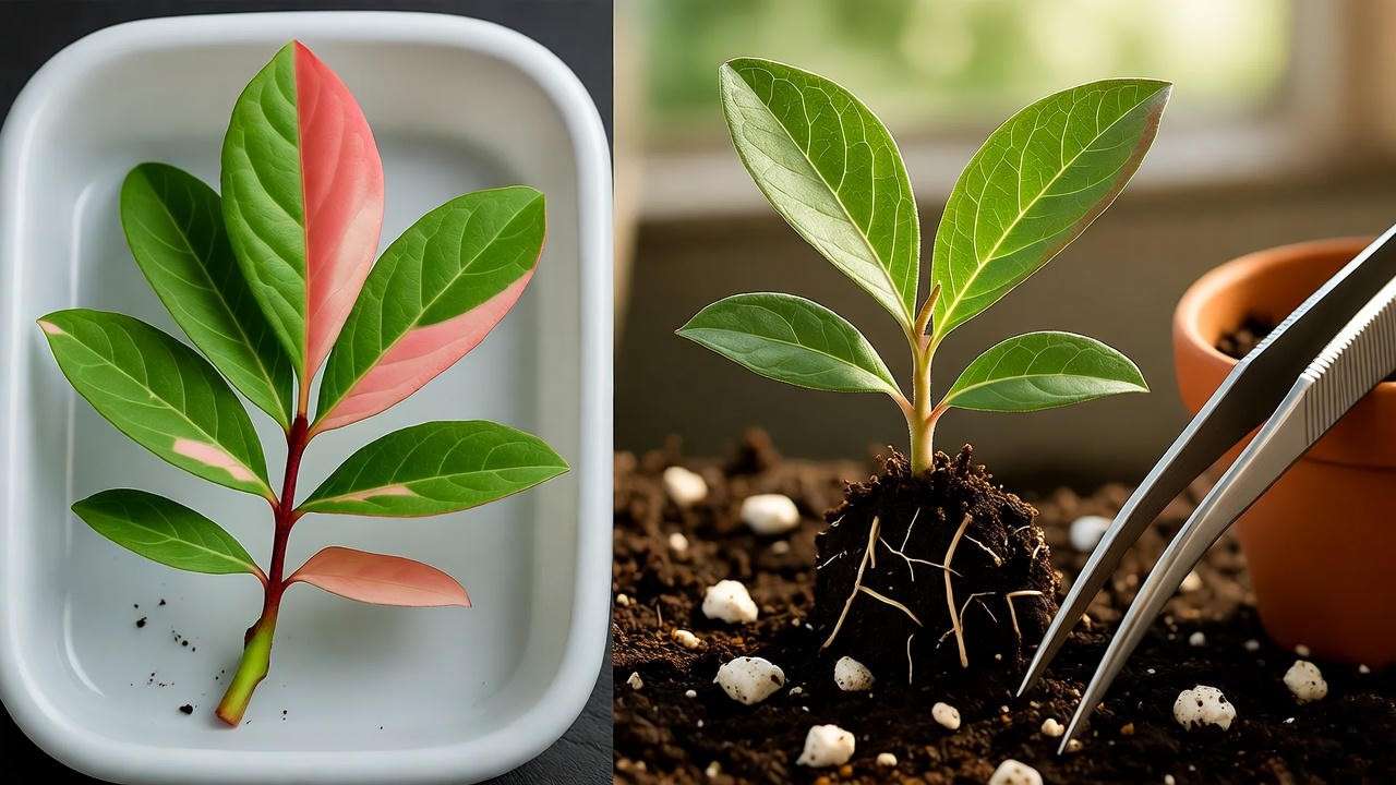 Step-by-step propagation of mountain rose plant with leaf cutting and new rosette.