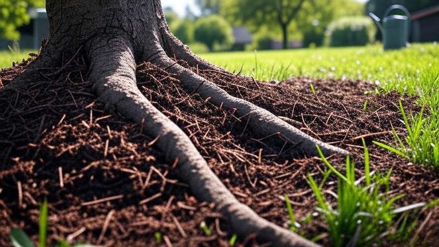 Cherry tree root zone with compost mulch and watering can in a sunny garden".
